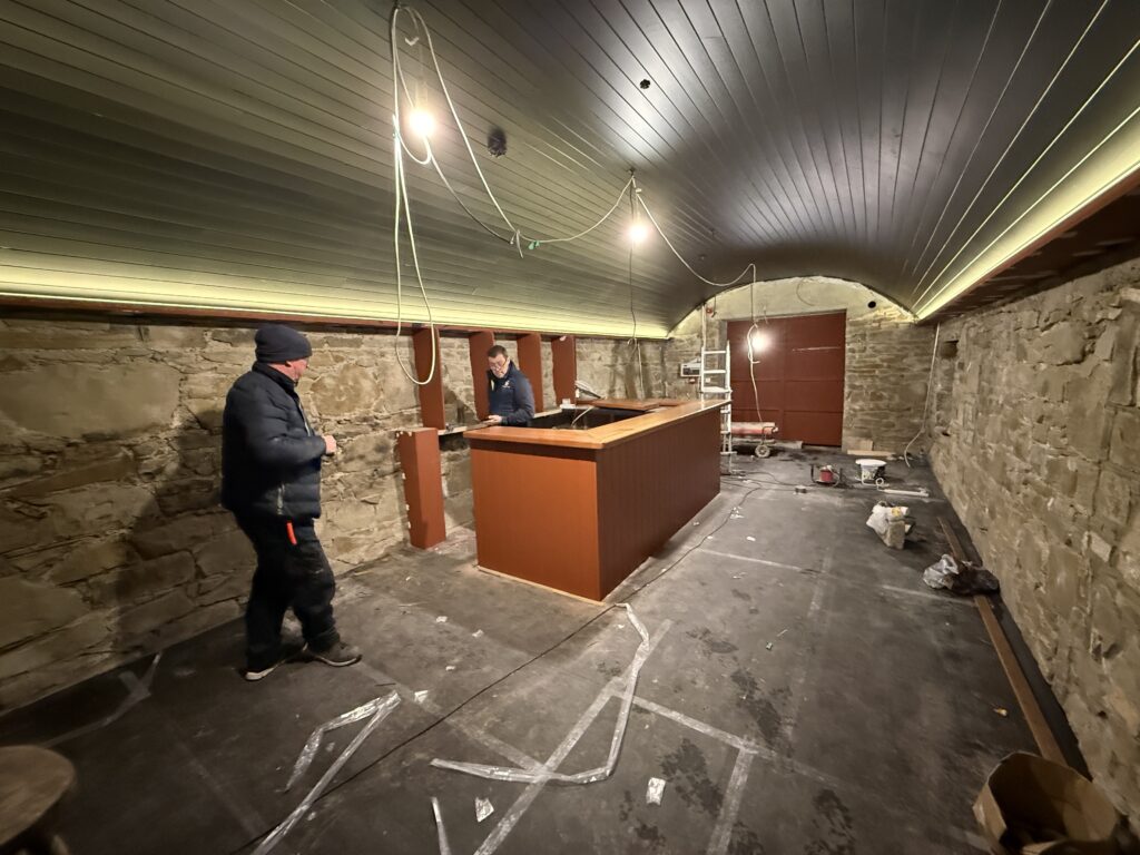 New bar counter fitted inside Fagan’s temporary bar in Moynalvey with the floor down and finishes still to come