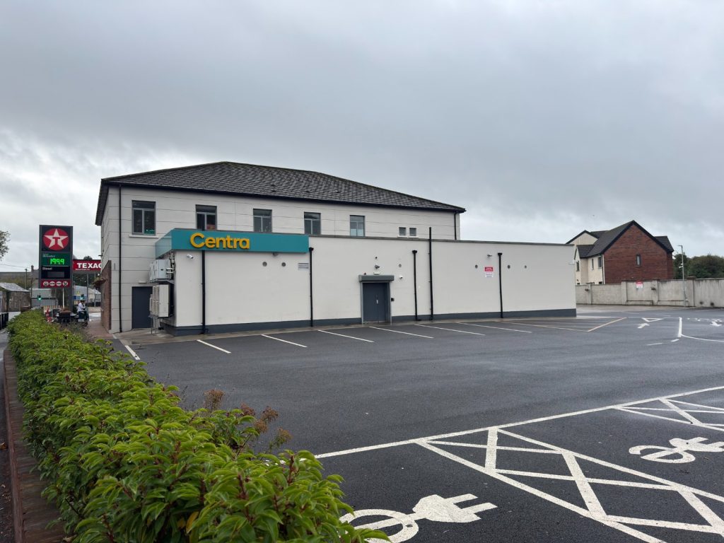 The extended building at Browne’s Service Station, Kilcock, beside the new line marked tarmac car park